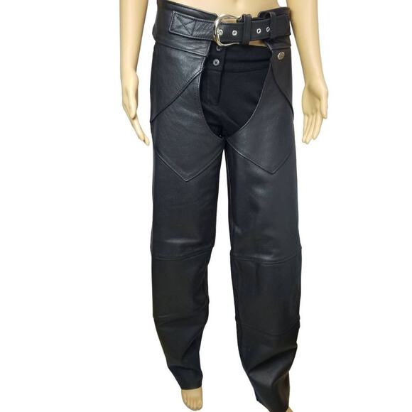 Mens Black Leather Chaps Tie Back Snap Ankle HARLEY DAVIDSON Made USA Size Small - Picture 1 of 7